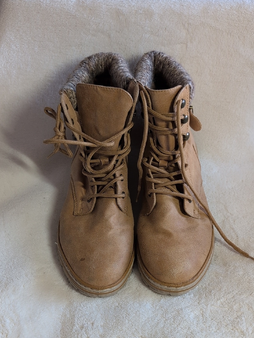 Cliffs by WHITE MOUNTAIN Tan Lace-Up Faux-Fur Cuff Ankle Boots